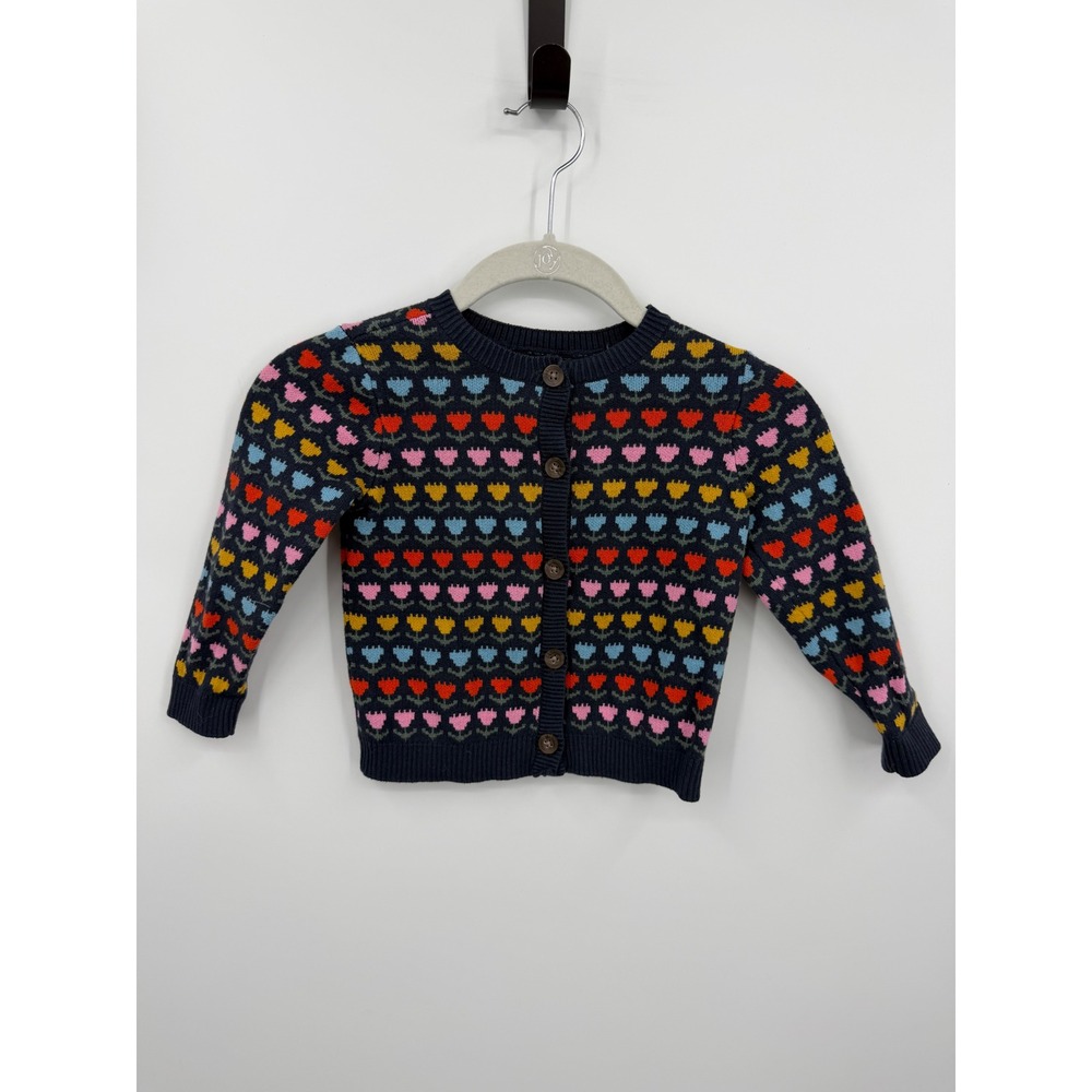 Tea Collection Tulip Knit Cardigan Kids XS Navy Blue Pink Floral Button Sweater